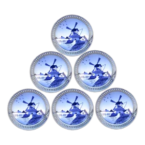 Vintage Dutch Blue & White Delft Style Porcelain Coasters, Set of 6