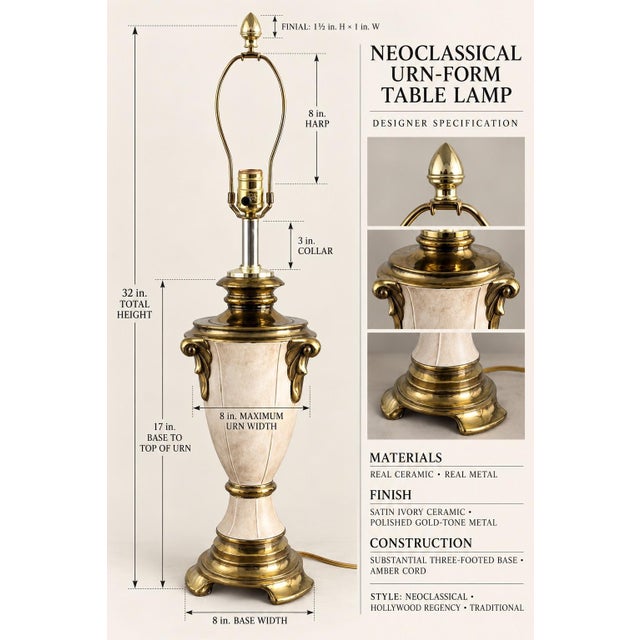 Vintage Hollywood Regency Ivory Ceramic and Gold Urn Lamp With Emerald Velvet Shade For Sale - Image 4 of 4