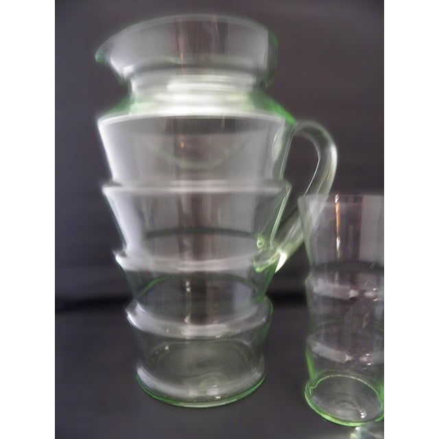 Glass Antique Art Deco Dunbar Green Uranium Glass Pitcher 6 Tumblers Large 8pc Set For Sale - Image 7 of 18
