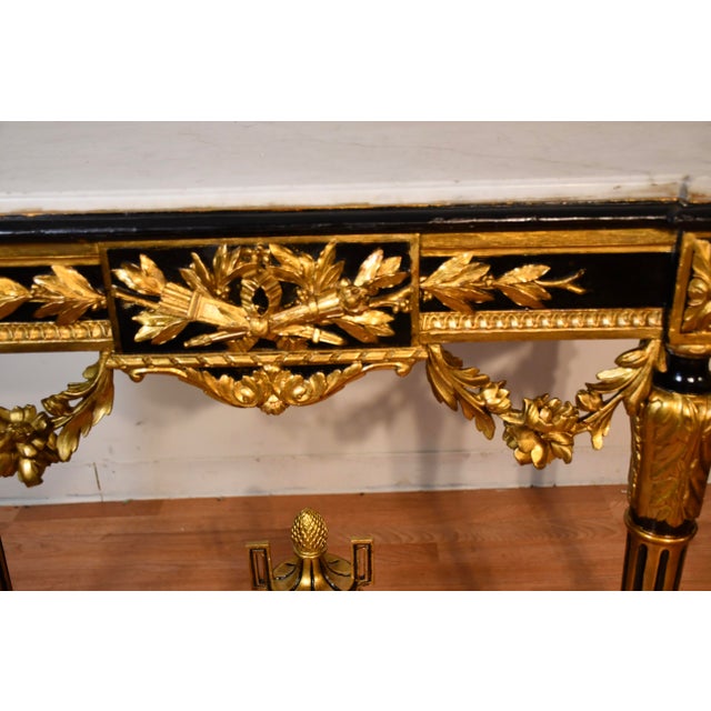 1880s Antique French Louis XVI Gold Gilt and Ebonized Carved Wood & Marble Top Console Table For Sale - Image 6 of 18