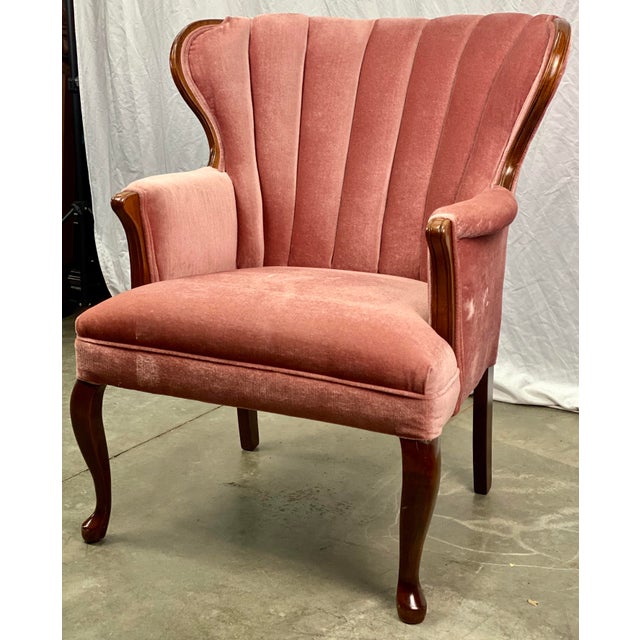 Vintage Mid Century Channel Back Tufted Soft Pink Velvet Accent Chair