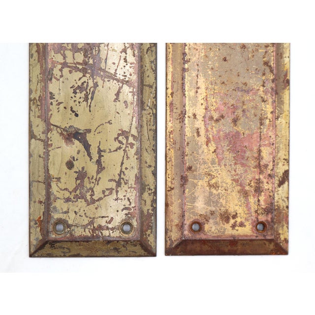 Vintage beveled edge steel push plates with a distressed brass finish. The original mounting screws are not available....
