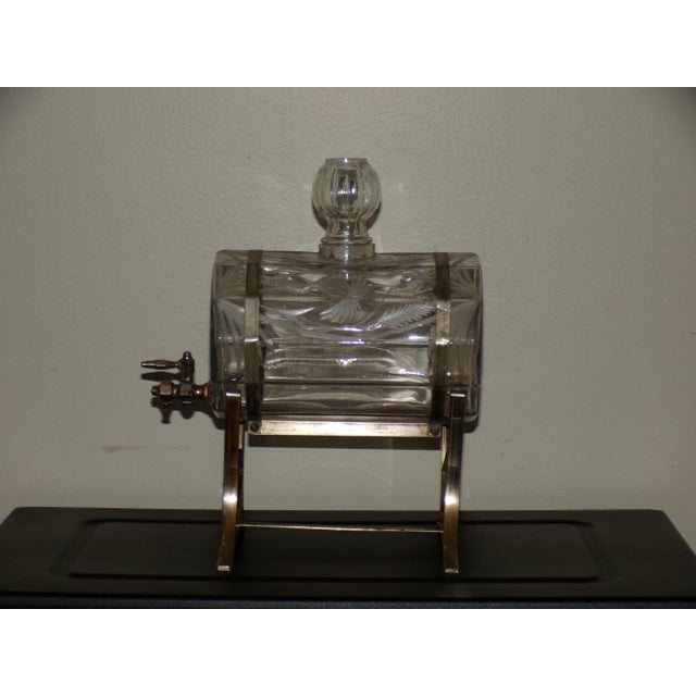 Vintage Art Deco Etched Glass Barrel Wine Liquor Decanter on Metal Stand For Sale In Boston - Image 6 of 17