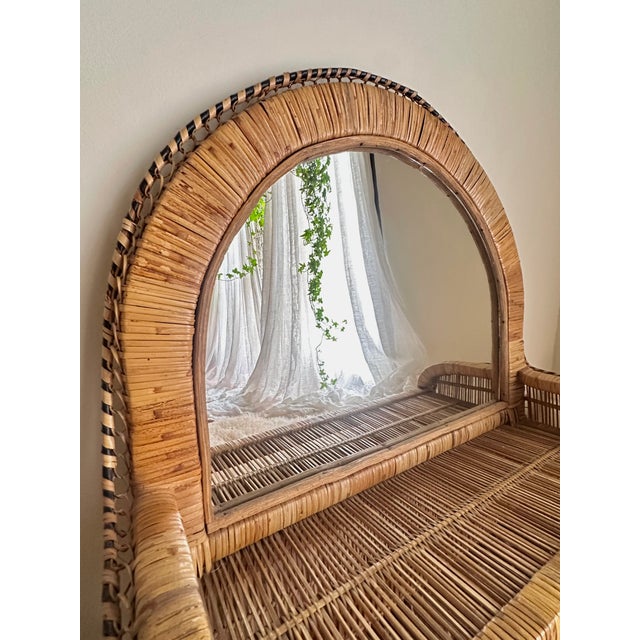 Mid-Century Modern Woven Rattan and Wicker Shelf Mirror in the style of Emmanuelle, Spain, 1970s For Sale - Image 3 of 7