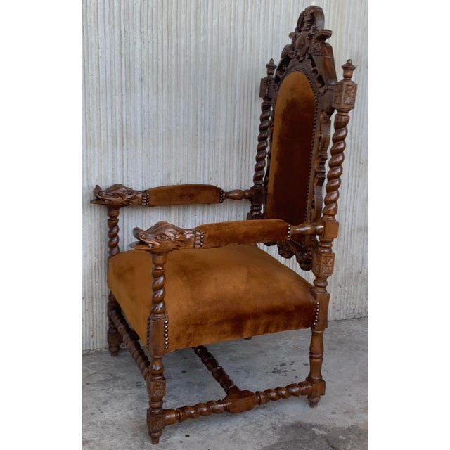 Wood Early 20th Century Vintage Louis XVI Style Spanish Pair of Carved Walnut Armchairs - a Pair For Sale - Image 7 of 13