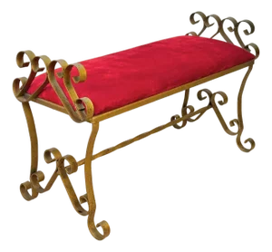 Vintage Hollywood Regency Scrolled Gold & Red Wrought Iron Vanity Window Bench