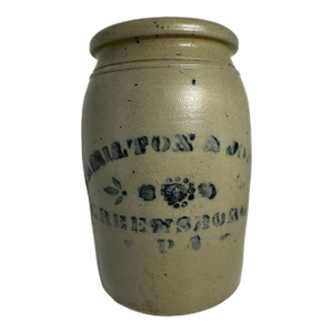 Antique Hamilton & Jones Greensboro Pa Stoneware Crock With Blue Stencil