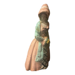 Antique Cast Iron Doorstop W Victorian Lady in Peachy Pink Colonial Attire & Sunflower Bonnet For Sale