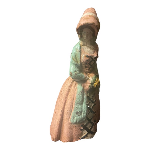 Antique Cast Iron Doorstop W Victorian Lady in Peachy Pink Colonial Attire & Sunflower Bonnet For Sale
