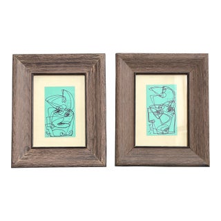 Contemporary 2 Original Wayne Cunningham Abstract Ink Drawings Distressed Wood Frames For Sale