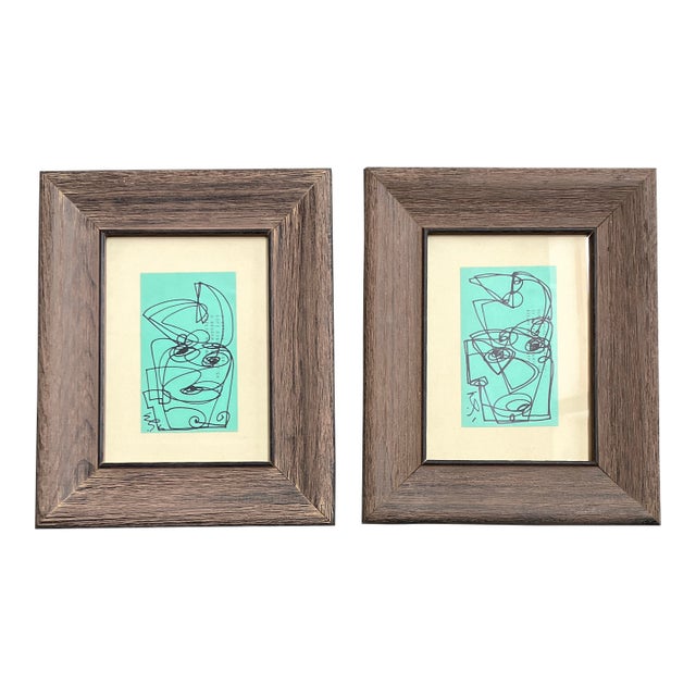 Contemporary 2 Original Wayne Cunningham Abstract Ink Drawings Distressed Wood Frames For Sale