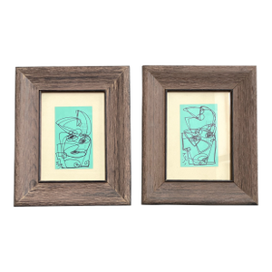 Contemporary 2 Original Wayne Cunningham Abstract Ink Drawings Distressed Wood Frames