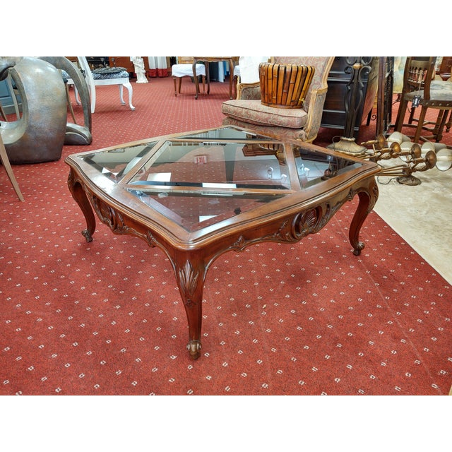 Vintage French Provincial Style Coffee Table With Beveled Glass Inserts