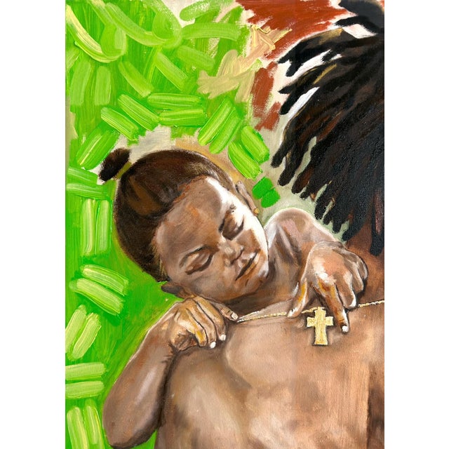 This painting captures a quiet moment between a father and his daughter. Resting on his shoulder, she plays with his cross...