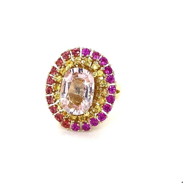 Contemporary 6.32 Carat Natural Pink Morganite Sapphire Yellow Gold Cocktail Ring, Size 7 For Sale - Image 3 of 9