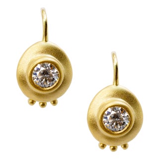 Solitaire Diamond Disc Gold Hook Earrings, Pair For Sale