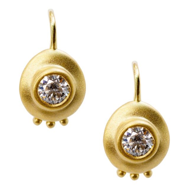 Solitaire Diamond Disc Gold Hook Earrings, Pair For Sale