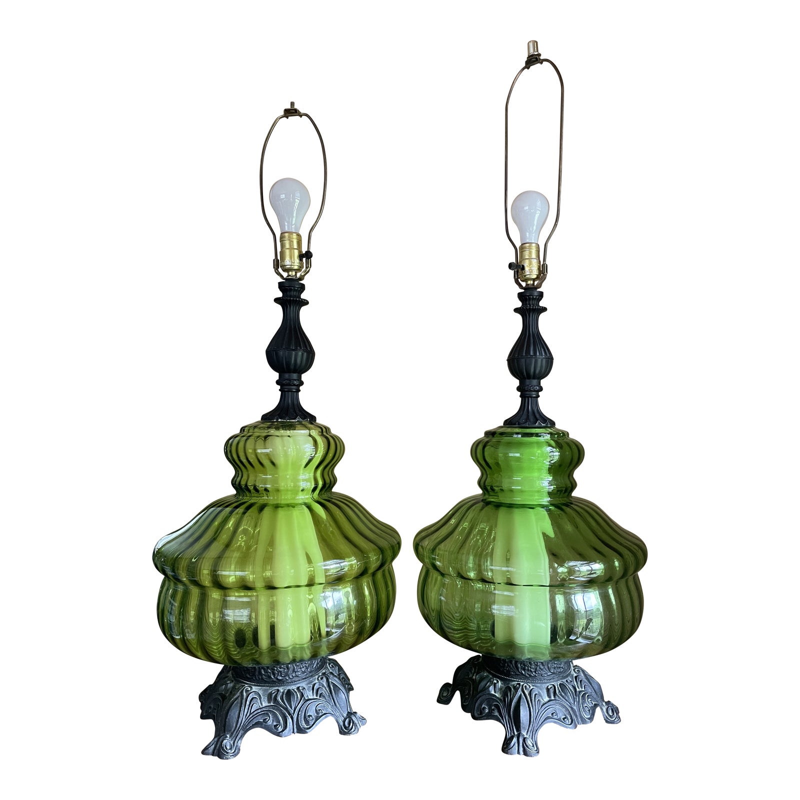 Mid Century Hollywood Regency Green Glass Lamps a Pair Chairish