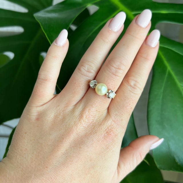 Antique Trilogy Gold Pearl Diamond Ring, Size 7.75 For Sale - Image 4 of 7