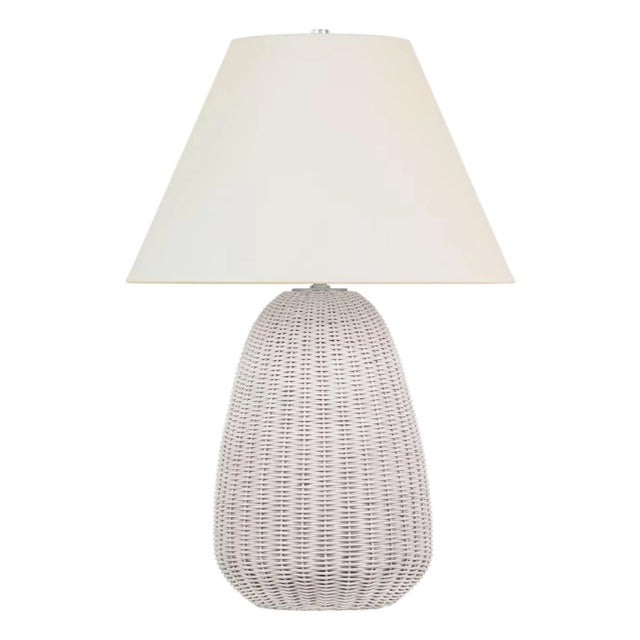 Chapman & Myers by Visual Comfort Signature Kokomo 30" Table Lamp in Chalk Wicker and Polished Nickel with Linen Shade For Sale