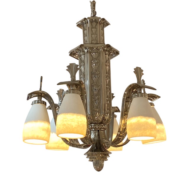Art Deco Silvered Bronze and Alabaster Chandelier, 1920s For Sale