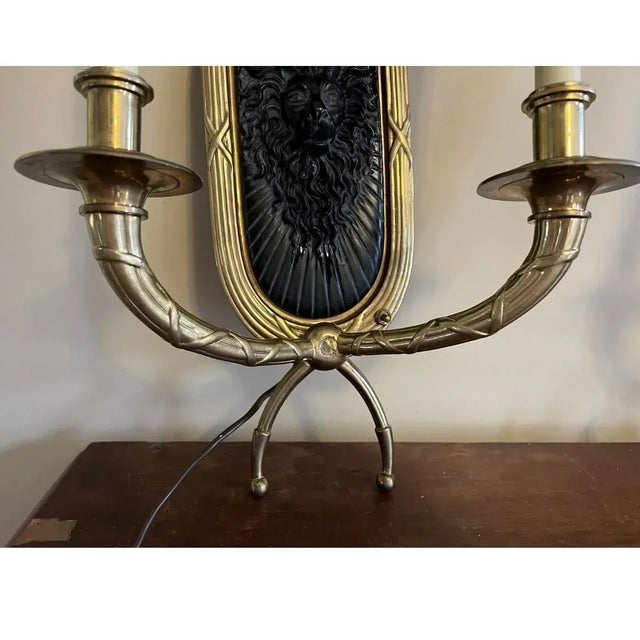Pair Chapman 1991 Solid Brass Neoclassical Ebony Lions Head Wall Sconces For Sale - Image 9 of 13