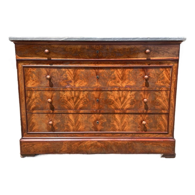 French 19th Century Louis Philippe Flame Mahogany Marble Top Commode For Sale