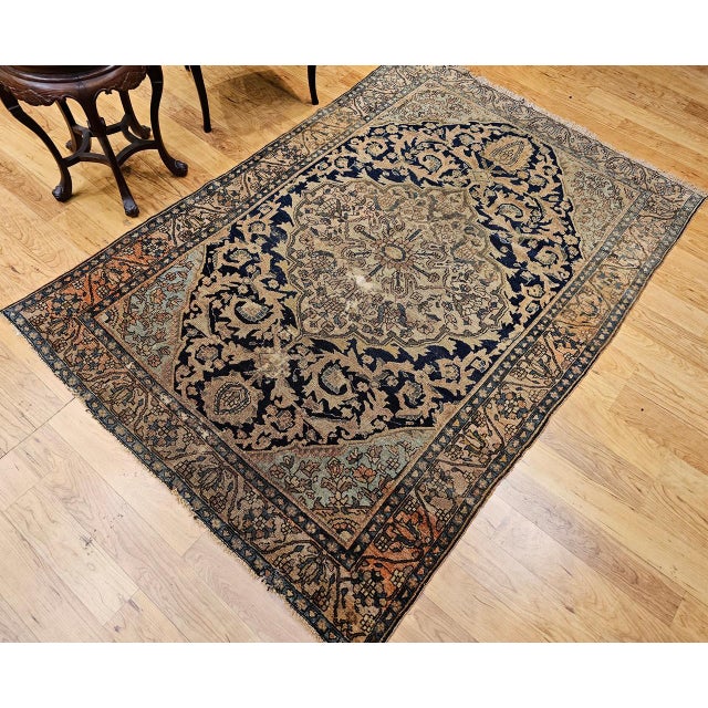 Textile 19th Century Persian Farahan Sarouk Rug, Hand-Knotted Wool, Floral Medallion Pattern, Ivory & Navy, 5x6 For Sale - Image 7 of 18