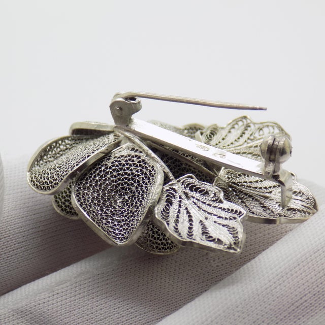Vintage Italian Handmade Silver Rose-Shaped Brooch in Silver Filigree, Genoa, 1980s For Sale - Image 11 of 15