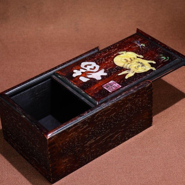 Wood Vintage Zitan Wood Slide-Open Jewelry Box With Mother-of-Pearl Rabbit Inlay For Sale - Image 7 of 8