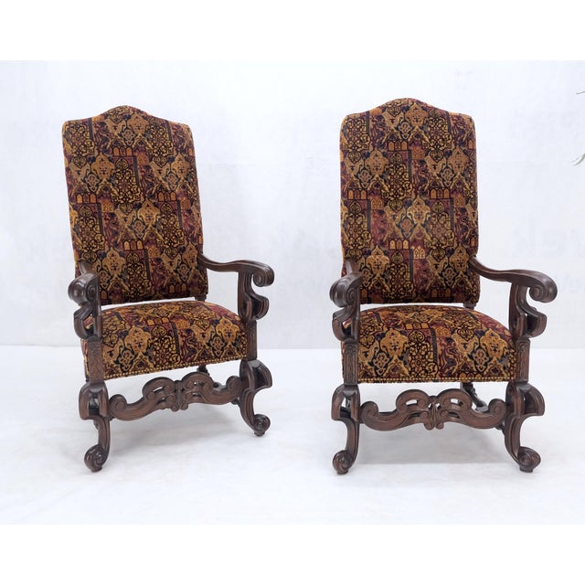 Brown Pair Gothic Oversized Heavily Carved Walnut Arm Chairs Tall Back Thrones MINT! For Sale - Image 8 of 13