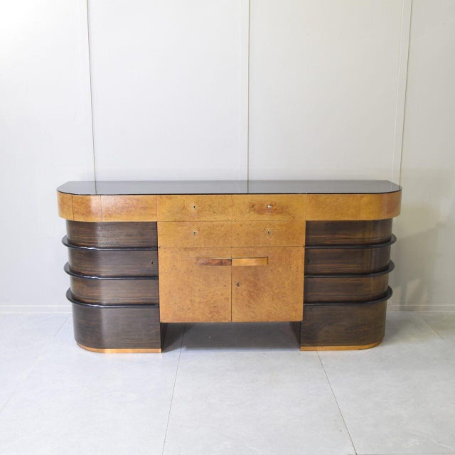 Walnut Root Wood with Colored Glass Top Cabinet, 1940s For Sale - Image 4 of 11