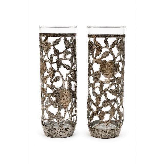 Metal Vintage .925 Sterling Silver Overlay Rose Vine Highball Glasses, Pair For Sale - Image 7 of 8