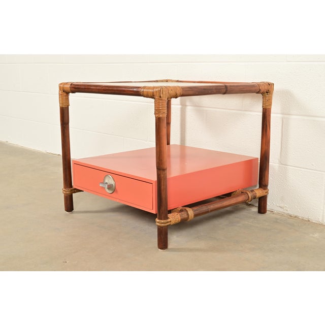 Ficks Reed John Wisner for Ficks Reed Mid-Century Hollywood Regency Bamboo Rattan Glass Top Side Table, 1950s For Sale - Image 4 of 12