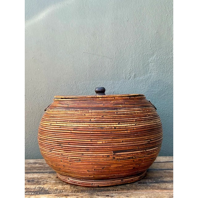 Vintage Pencil Reed Lidded Basket For Sale - Image 4 of 12