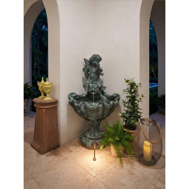 Verdigris Vintage Neoclassical Bronze Cherub Riding Dolphin Shell Basin Fountain For Sale - Image 8 of 12