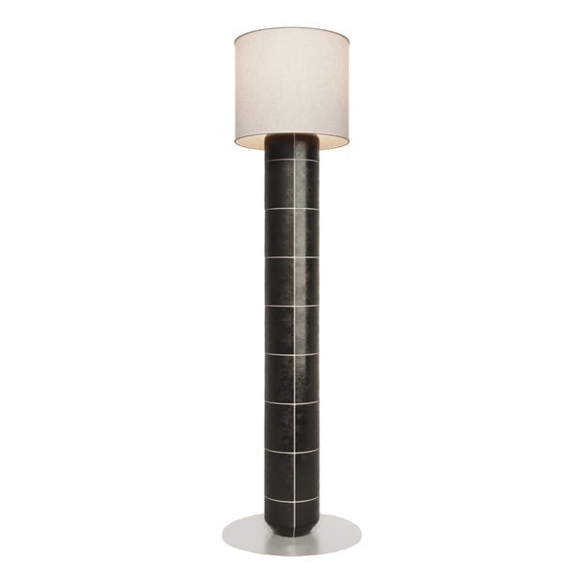 Handcrafted Ceramic Floor Lamp in Black Obsidian Gloss Glaze with Linen Lampshade by Artem Zakharchenko-Halytskyi For Sale
