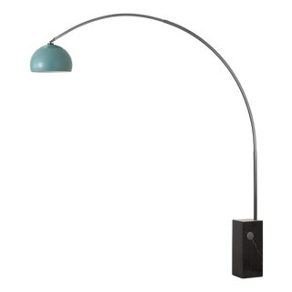 Iconic 95" Arc Floor Lamp, Mid-Century Modern, Turquoise Shade, Black Nickel, Marble Base For Sale