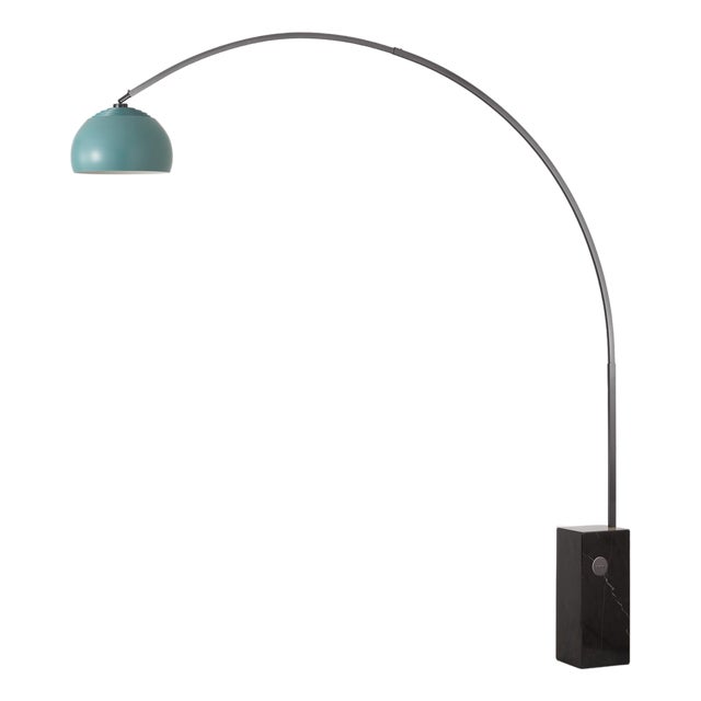 Iconic 95" Arc Floor Lamp, Mid-Century Modern, Turquoise Shade, Black Nickel, Marble Base For Sale