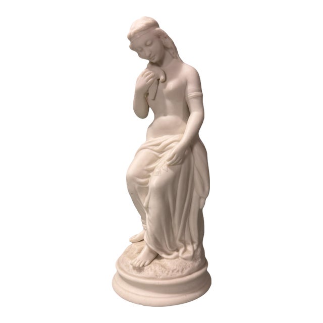Antique Victorian 11" Art Nouveau Figural Parian Statue of a Maiden & Dove For Sale