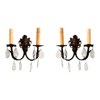 Pair of Antique Italian Cast Brass Sconces With Roman Face Motif and Glass Crystals For Sale