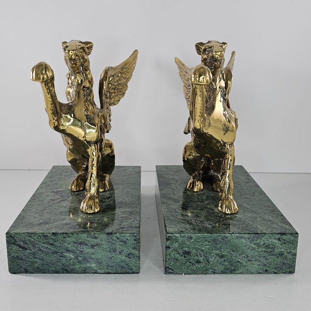 Hollywood Regency Pair of Vintage Brass Griffin Bookends With Green Marble Bases For Sale - Image 3 of 10