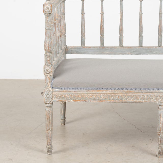 19th Century Swedish Gustavian Original Blue Gray Painted Pine Bench For Sale - Image 9 of 18