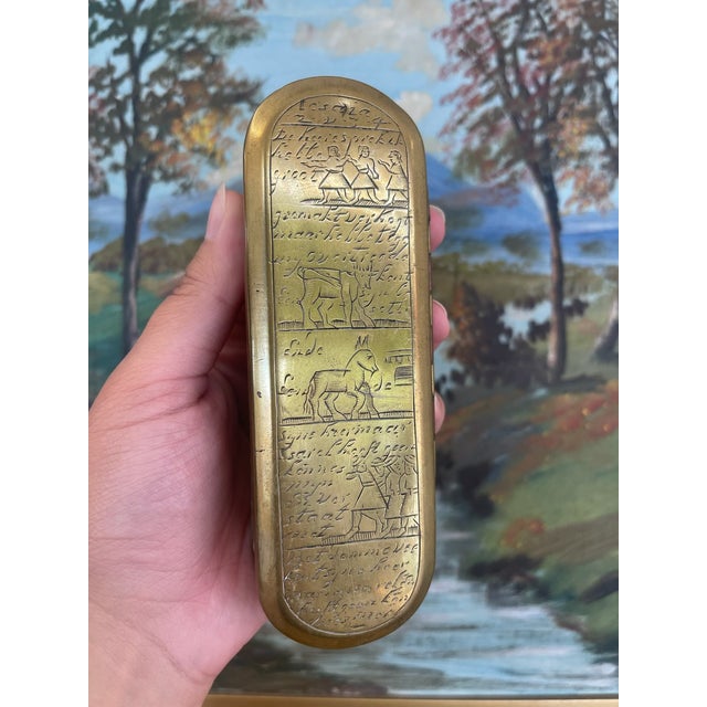 Metal 18th Century Likely Dutch Brass and Copper Toned Snuff or Tobacco Box With Engraved Figural Scenes and Script. For Sale - Image 7 of 8