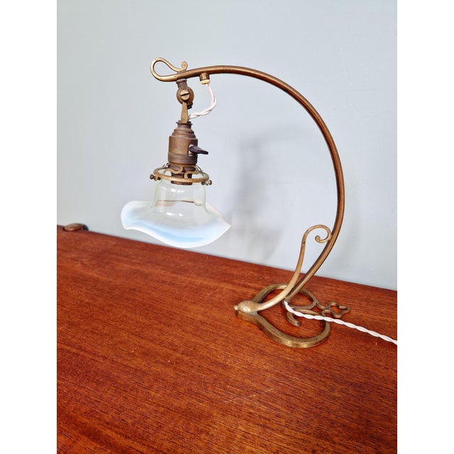 Art Nouveau Table Lamp in Bronze and Brass with Opalescent Glass Shade, France, 1900s For Sale - Image 11 of 14