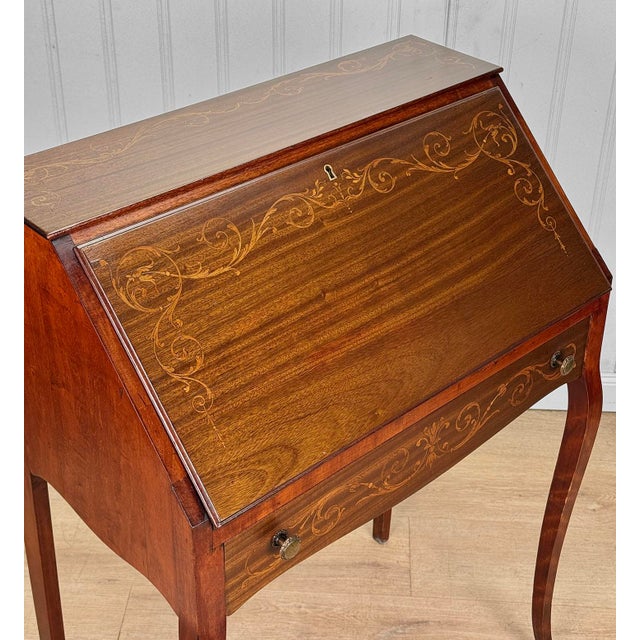 Wood Antique Victorian Mahogany Inlaid Fruitwood Drop Front Secretary Desk For Sale - Image 7 of 11