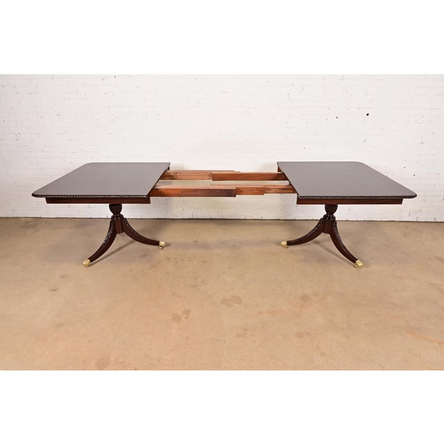 Baker Furniture Style Georgian Mahogany Double Pedestal Extension Dining Table, Newly Refinished For Sale - Image 10 of 15