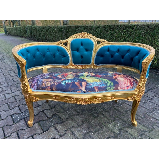 1980 French Louis XVI Blue Velvet Gilt Beech Settee For Sale - Image 15 of 15