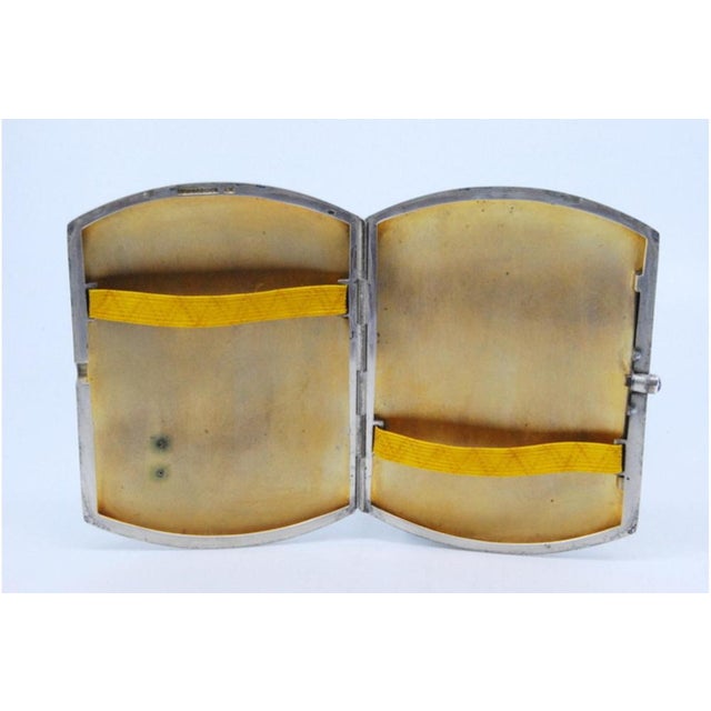 Finely Guilloche Silver Cigarette Case, Blue Cabochon on the Clasp, Gold Interior and Hinged Lid For Sale - Image 4 of 11