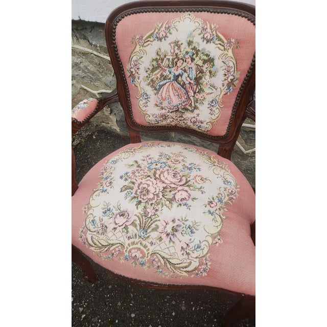 Pair of Vintage Louis XV Style French Provincial Open Armchairs With Pink Romantic Tapestry Upholstery For Sale - Image 9 of 17